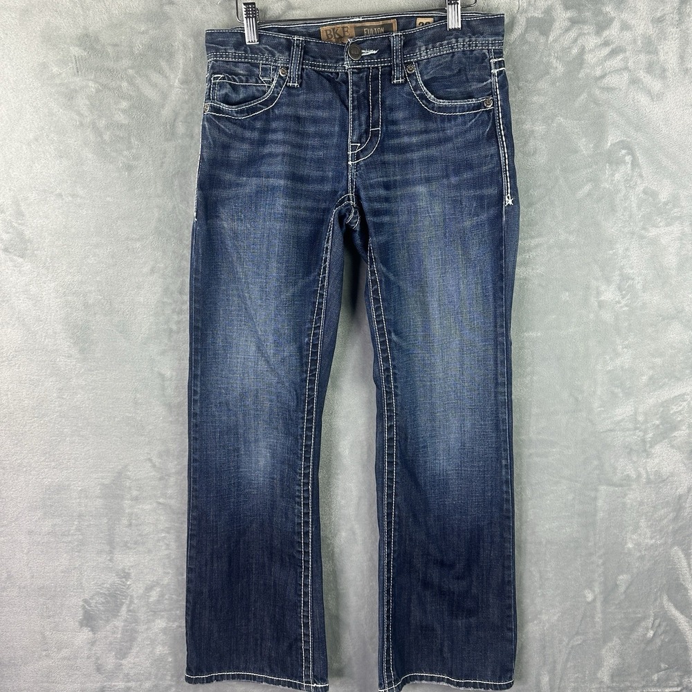 BKE Fulton Bootcut Jeans Men 29x30 (30x29) Blue Thick Stitch Denim Buckle